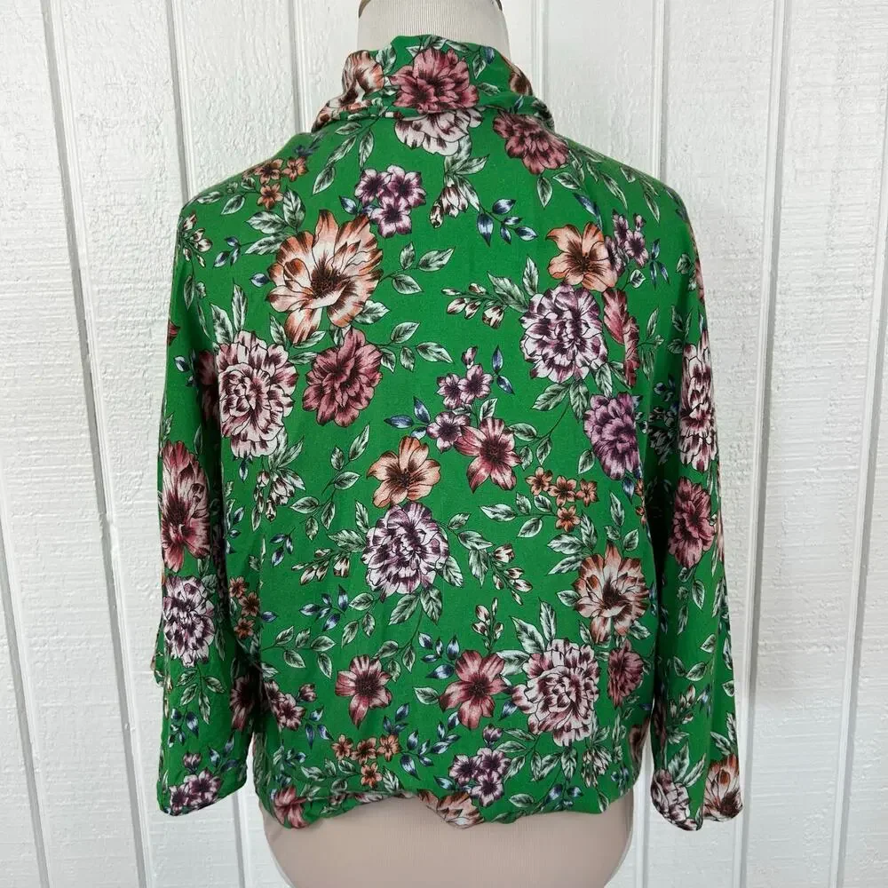 Pinko Green Floral Tie Neck Bodysuit Blouse Bell Sleeve Made Italy Womens S
